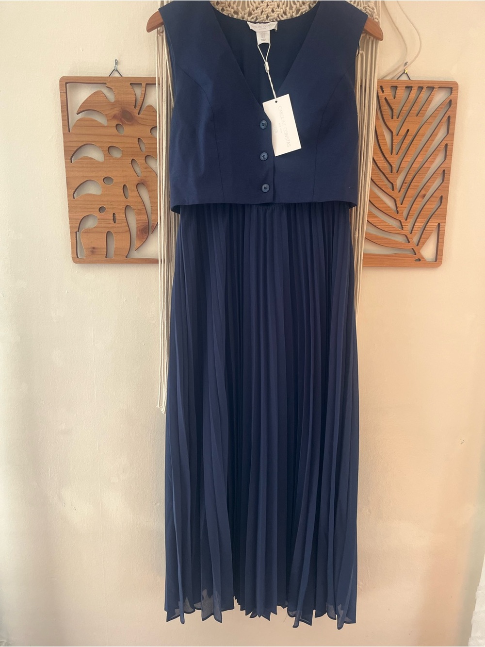 NWT Caroline Constas Navy Pleated Vest Bodice Maxi Dress Size Small